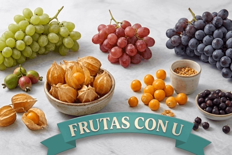 Variedad de frutas con la letra U en un fondo colorido