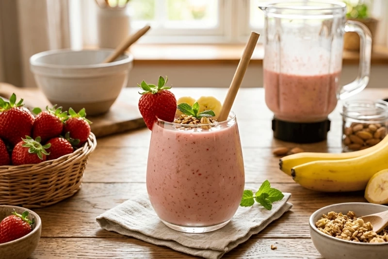 Delicioso batido de plátano con fresas frescas y cremoso