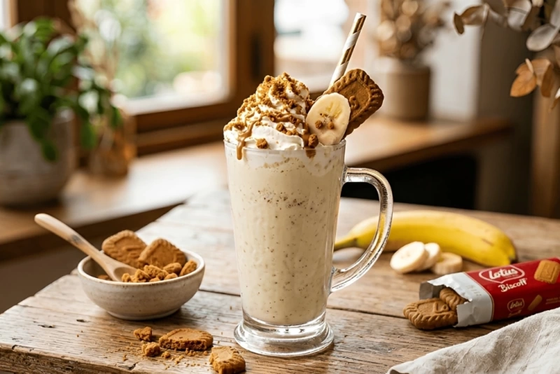 Delicioso batido de plátano con galletas servido en vaso