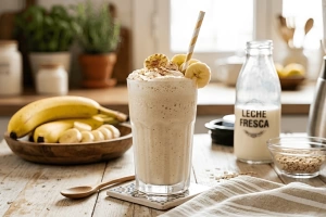 Delicioso batido de plátano con leche cremoso y refrescante