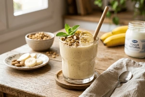 Delicioso batido de plátano con yogur cremoso y refrescante