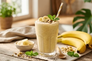 Batido cremoso de plátano servido en vaso de vidrio