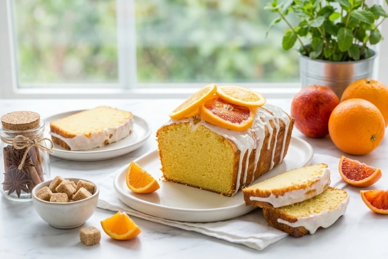 Bizcocho esponjoso con glaseado de naranja brillante