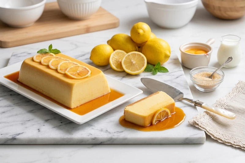Delicioso flan de limón casero con suave textura cremosa