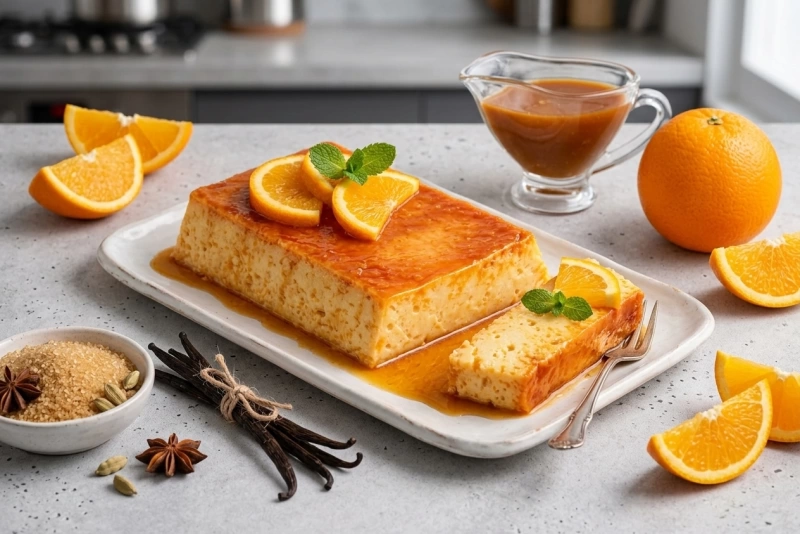 Delicioso flan de naranja casero listo para disfrutar