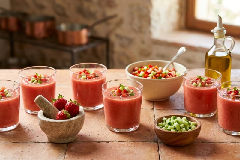 Gazpacho de fresas en un tazón blanco con menta fresca