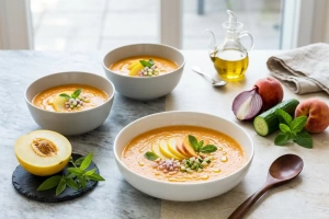 Refrescante gazpacho de melón en tazón blanco