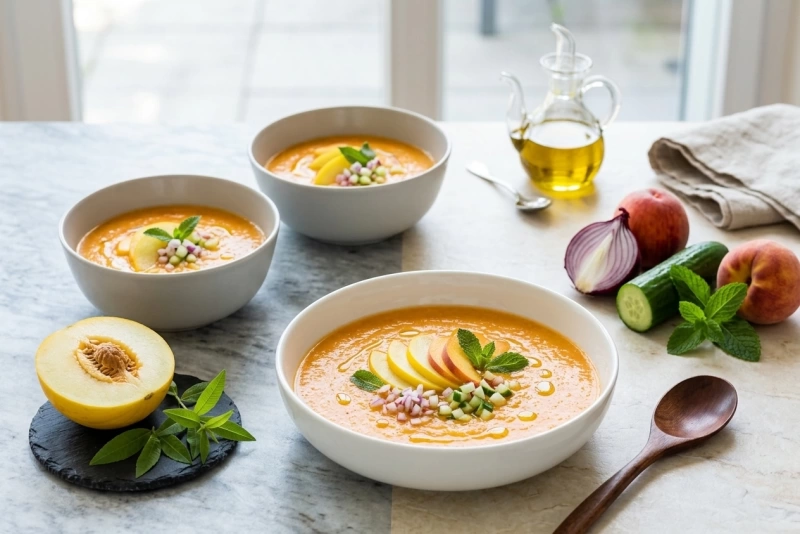 Refrescante gazpacho de melón en tazón blanco