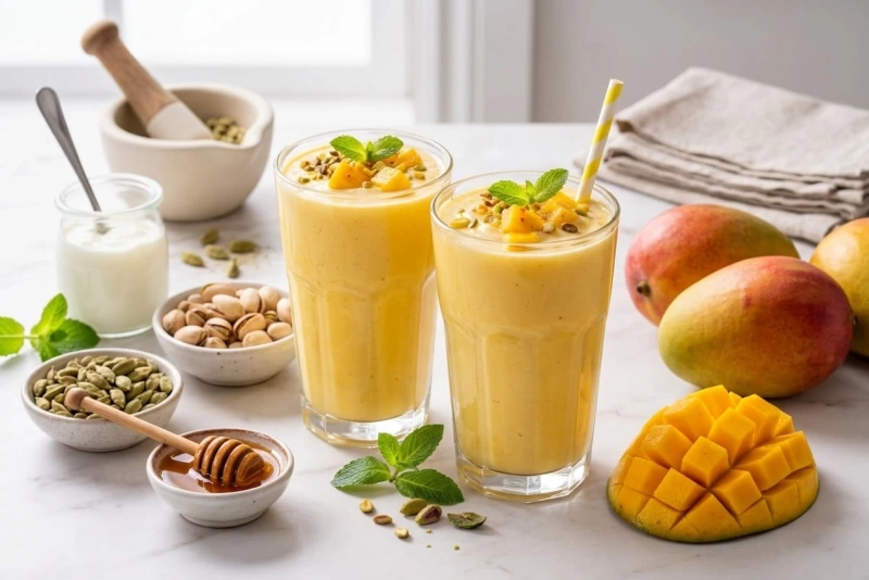 Vaso de lassi de mango con trozos de fruta fresca