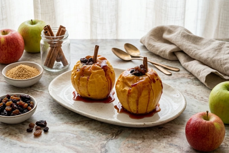 Manzanas asadas doradas y jugosas en una bandeja de horno