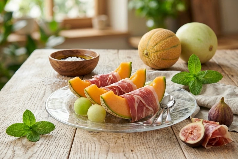 Rebanadas de melón con jamón serrano sobre plato blanco