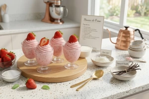 Delicioso mousse de fresa esponjoso y cremoso en un bol