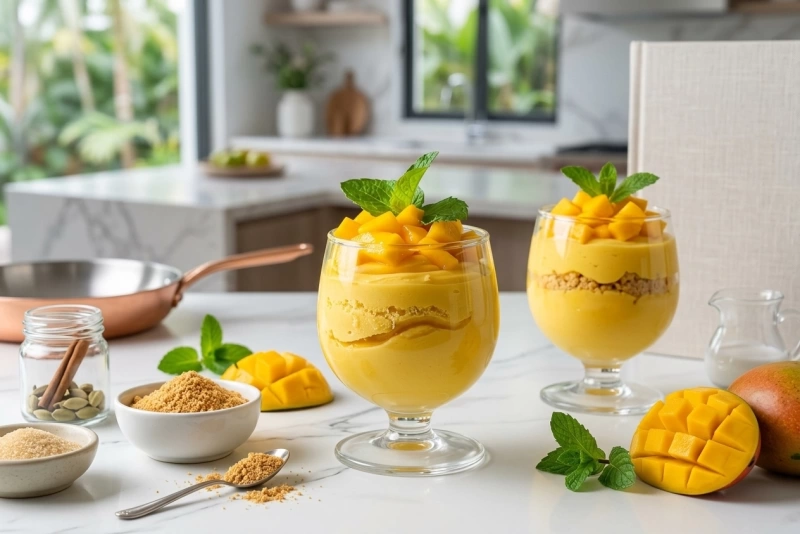Deliciosa y cremosa mousse de mango en un elegante vaso