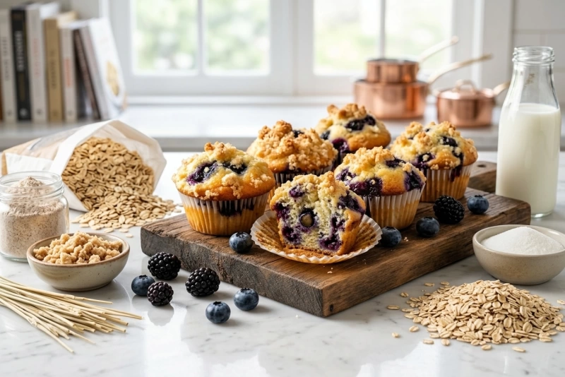 Muffin de mora recién horneado con moras frescas y esponjoso