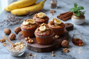 Delicioso muffin de plátano recién horneado y esponjoso