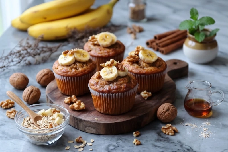 Delicioso muffin de plátano recién horneado y esponjoso