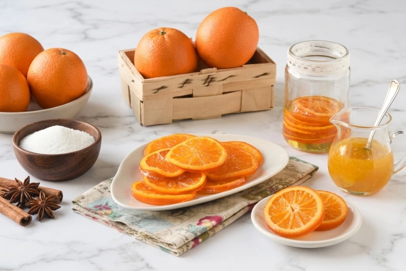 Rodajas de naranjas confitadas brillantes y dulces