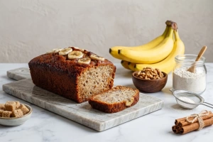 Delicioso y esponjoso pan de plátano recién horneado