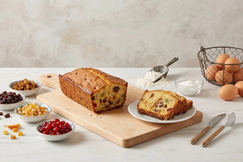 Plum cake casero recién horneado y esponjoso en una bandeja