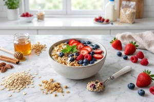 Tazón de porridge de avena con frutas frescas y nueces