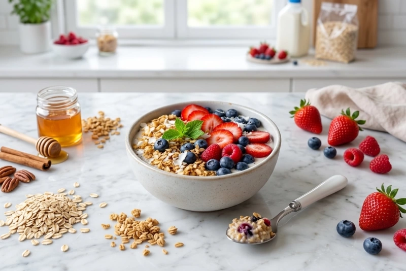 Tazón de porridge de avena con frutas frescas y nueces