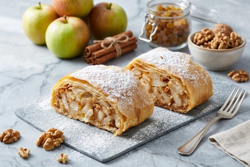 Delicioso strudel de manzana dorado y crujiente al horno
