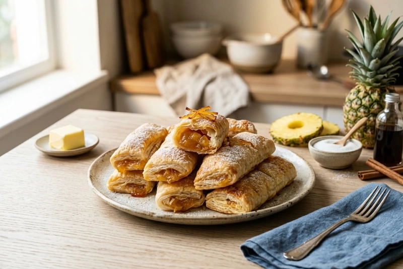 Delicioso y dorado strudel de piña recién horneado