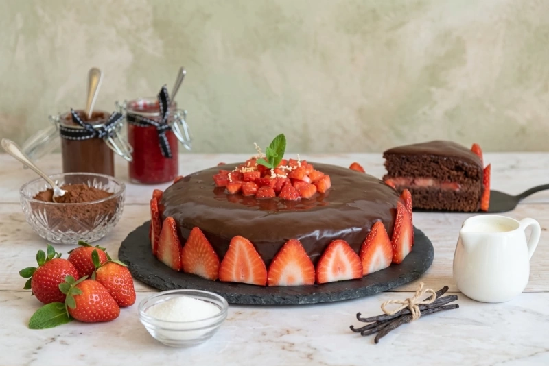 Tarta de chocolate y fresas decorada con fresas frescas