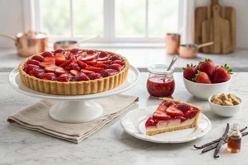 Deliciosa tarta de fresa con crema y fresas frescas