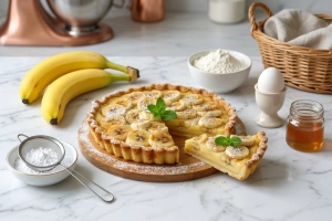 Deliciosa tarta de plátano recién horneada y dorada