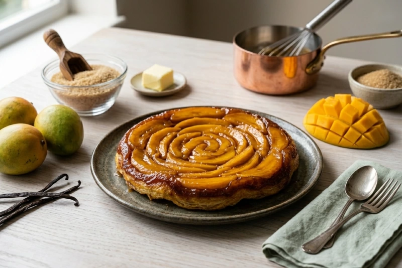 Tarta tatin de mango dorada y caramelizada
