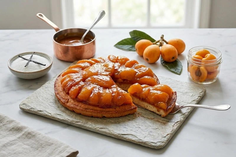 Tarta tatin de nísperos dorada y caramelizada deliciosa