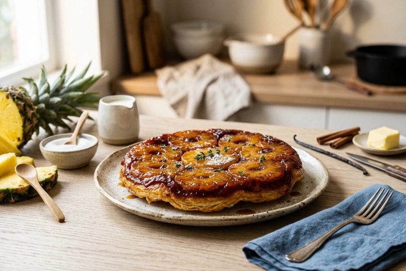 Tarta tatin de piña dorada y caramelizada en sartén