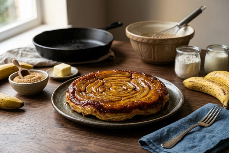 Deliciosa tarta tatin de plátano recién horneada