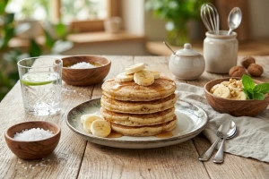 Tortitas de plátano doradas y esponjosas en un plato blanco