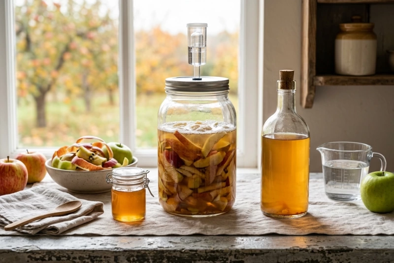 Botella de vinagre de manzana casero sobre mesa rústica